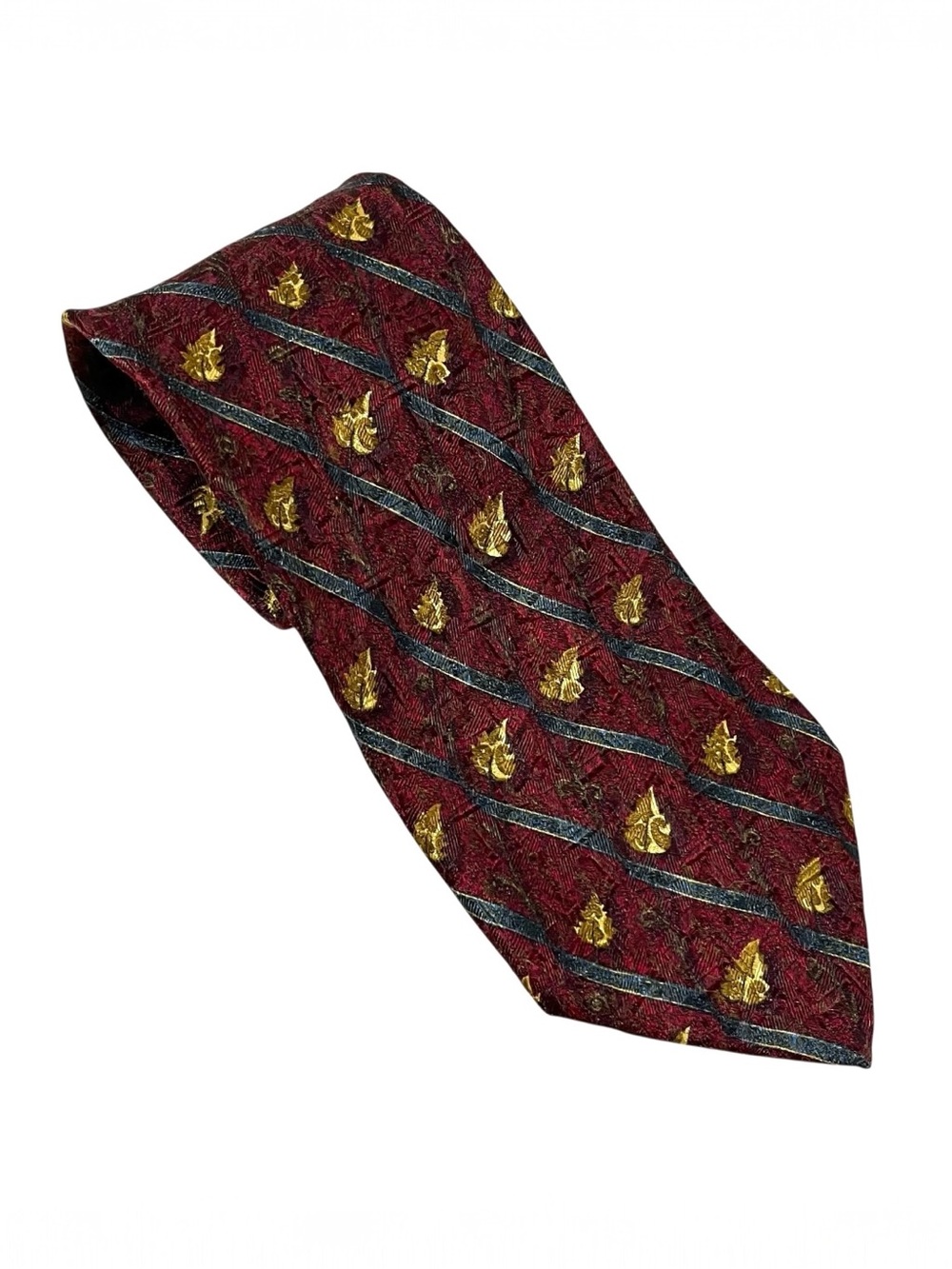 Ermenegildo‎ Zegna Mens Leaf Print Silk Tie Necktie Neck Burgundy Maroon Gold